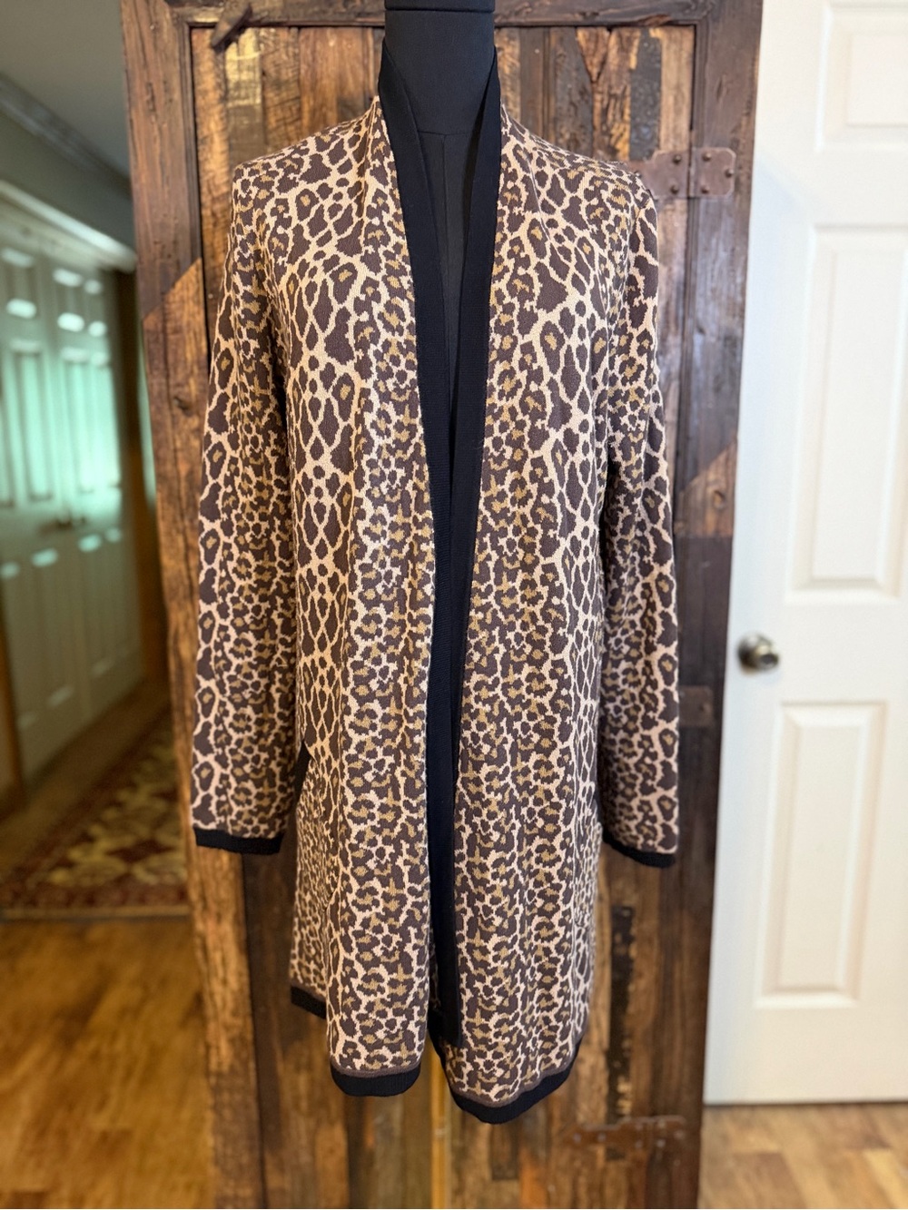Soft Surroundings Leopard Print Long Cardigan Large cozy duster throw on pocket